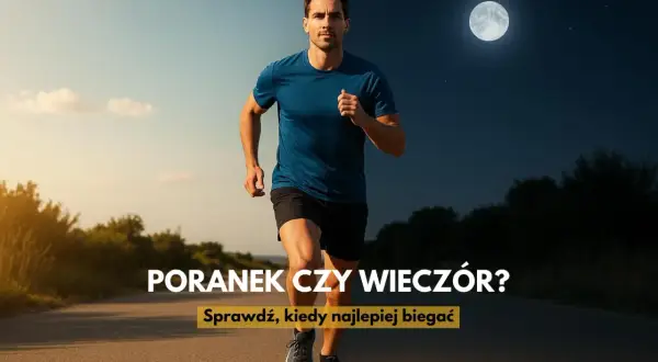 Mężczyzna biegnie po drodze, z podziałem na dzień i noc z księżycem.